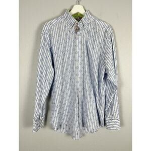 Robert Graham Men's Button Down Shirt Large Blue Striped with Dancing Buddha